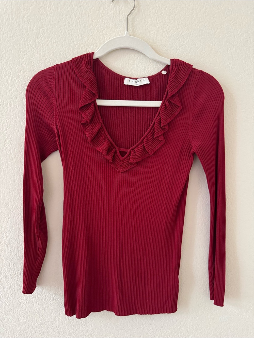 Sandro Ribbed Long-Sleeve V-Neck Top in Burgundy